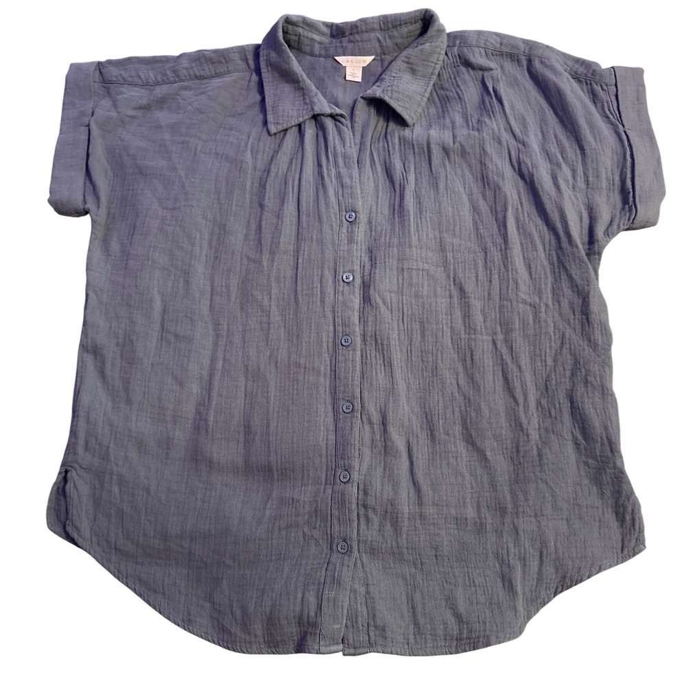 Caslon Women's Gray Cotton‎ Gauze Short Sleeve Button Front Blouse Top Size L